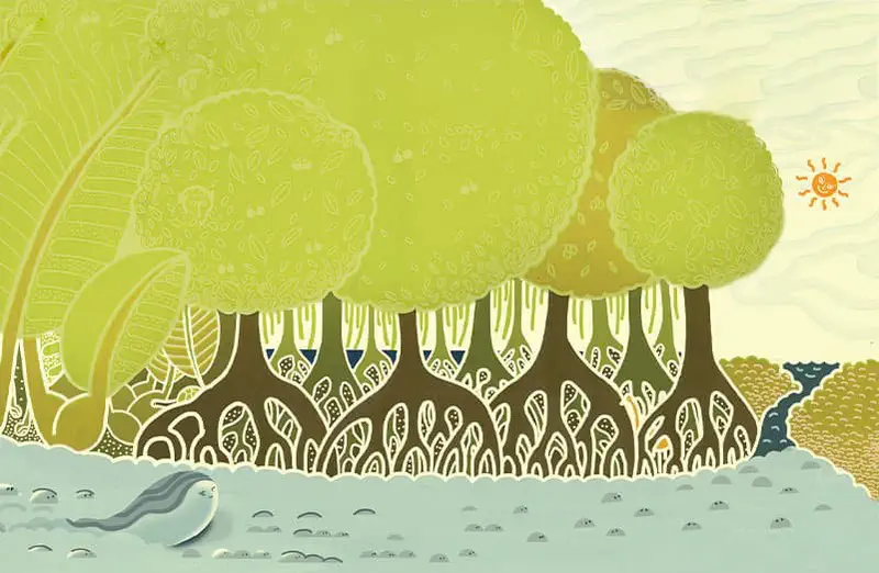 Illustrated mangrove trees with intricate root systems growing in shallow water, with a small fish swimming nearby and a smiling sun in the corner.