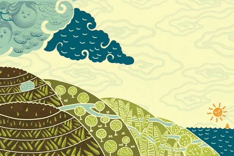 Rolling green hills with terraced farmland, orchards, and a winding river leading to the sea, with stylized clouds overhead and a smiling sun.