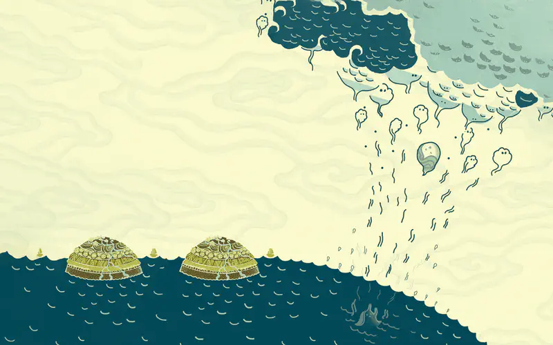 Water droplet characters fall from swirling clouds into a dark blue sea with small green islands dotted across the waves.