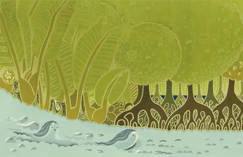 A lush green forest with mangrove trees and their intricate roots where water droplet characters swim and play in the shallow water.