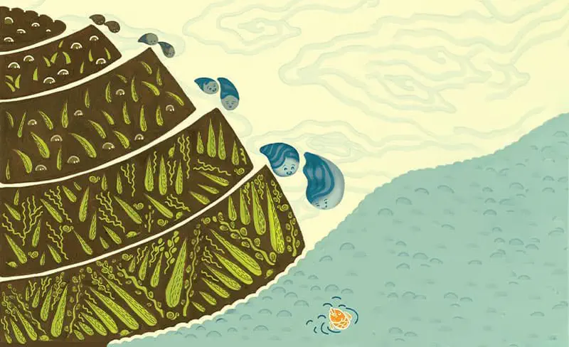 Terraced hillside with green crops where blue water droplet characters slide down toward the sea as a fish splashes in the water.
