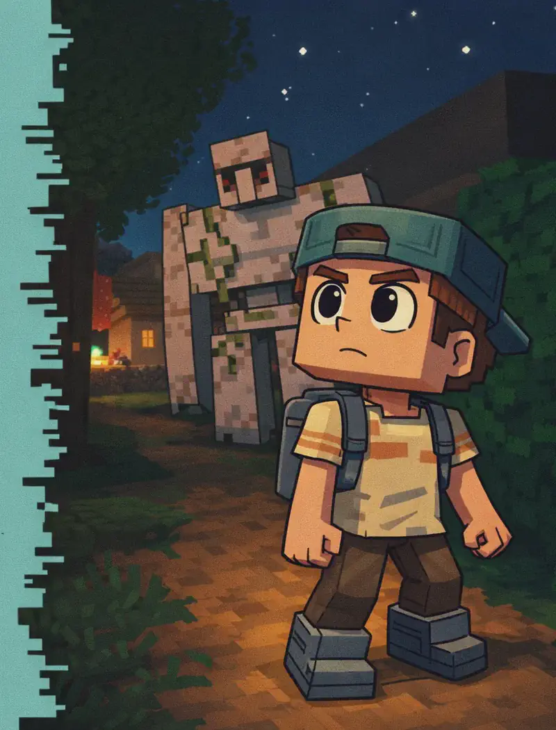 On the right side of the image, Player stands in the foreground at a three-quarter angle, looking up with a wary expression at a large iron golem that looms in the middle of a Minecraft-style village street at nighttime. Player has a large square head with brown hair peeking out from under a dark teal-green backwards cap, large round dark brown eyes, a beige/tan short-sleeved shirt with faint orange-brown horizontal stripes, gray suspender-style straps over the shoulders attached to a gray backpack, dark brown pants, and dark gray chunky boots. The iron golem is tall and blocky, standing still and silent, appearing old and weathered with cracks across its body and green vines creeping up its sides. Behind them, houses with warm glowing lights are visible under a dark starry sky. The left side is plain background reserved for text.