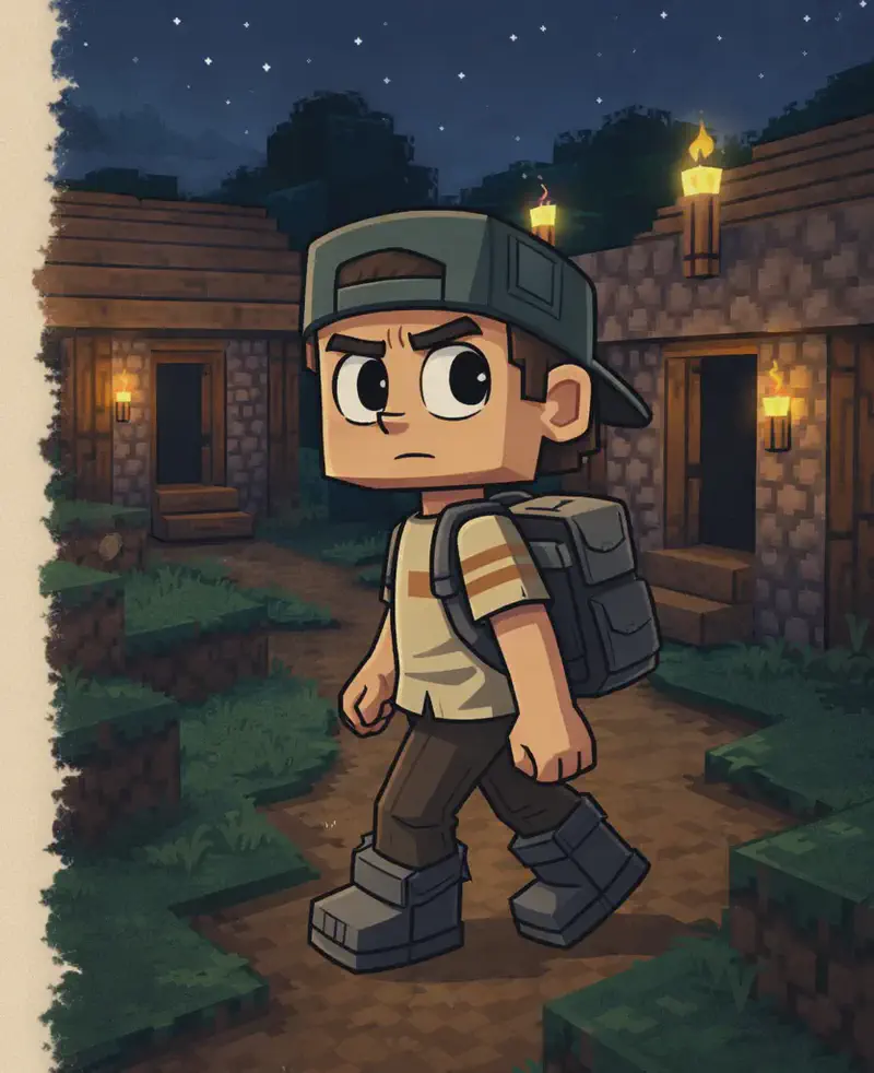 On the right side of the image, Player walks cautiously along a grassy path through a Minecraft-style village at nighttime under a dark, starry sky, peering into the empty huts. He faces the viewer at a three-quarter angle with a puzzled, disappointed expression. He wears his dark teal-green backwards cap, beige/tan striped shirt, gray suspender straps and backpack, dark brown pants, and dark gray chunky boots. Raised wooden houses with stone foundations sit along the path on either side, lit by glowing torches that cast warm orange light. The doors of the huts are open but no one is inside — the street is completely deserted. The left side of the image is plain background for text placement.