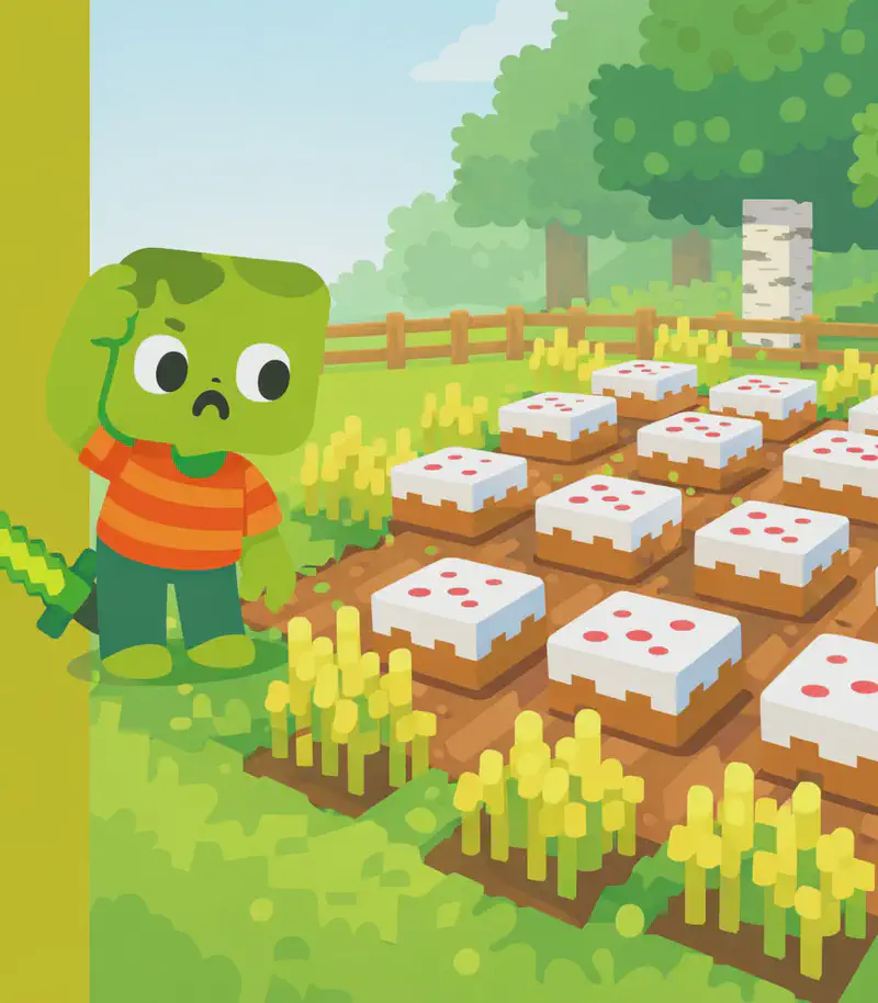 On the right side of the image, a Minecraft-style farm garden is filled with blocks of white cake with red icing on top, placed in neat rows across the dirt between wheat crops as if someone planted them there. The cakes sit in lines across the whole garden like sprouting plants. Zom stands on the left side of the scene, leaning forward with a bewildered, confused expression, scratching his head as he stares at the rows of cake. The scene is set outdoors in bright morning daylight with trees and a fence visible in the background.