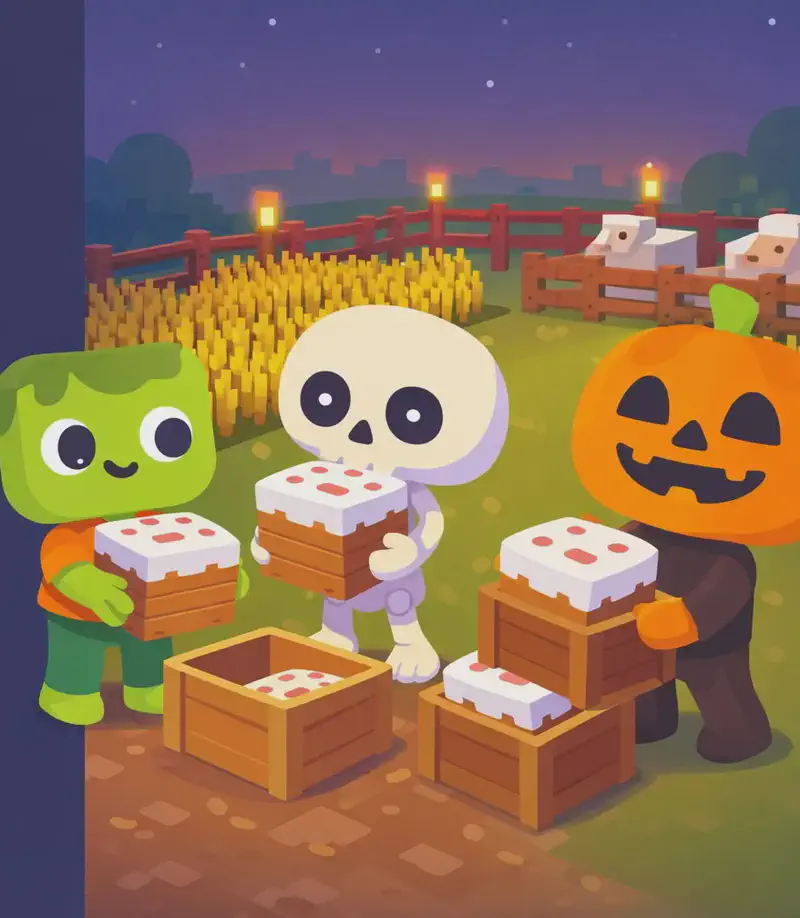 On the right side of the image, a Minecraft-style farm is shown at dusk with warm evening light. Zom, Skel, and Jack work together in the yard, boxing up cake blocks into crates to ship off to town. Zom lifts a cake block into a box, Skel carries a crate with a tired expression, and Jack grins cheerfully as he stacks boxes. Rows of wheat crops and fenced enclosures fill the background, with torches placed around the farm for illumination. Several white sheep are settled in their pens nearby as nightfall approaches. The left ~40% of the image is plain dark background suitable for text overlay.