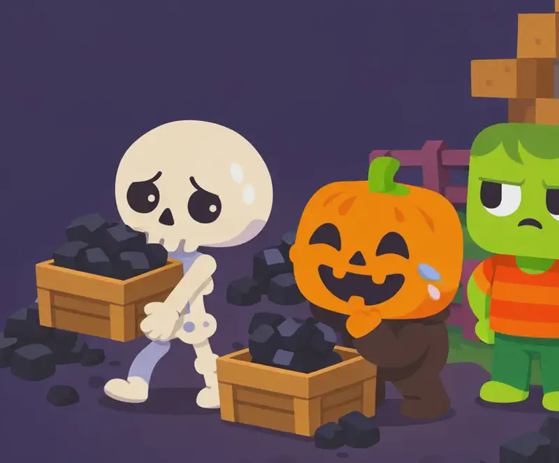 On the right side of the image, Zom, Skel, and Jack work in the yard packing coal into boxes in a Minecraft-style daytime scene. Zom stands near a fence on the far right, glancing sideways at Jack with a narrow, suspicious expression. Skel carries a crate of coal with a weary posture. Jack is in the middle, doubled over and crying with laughter, his glowing jack-o'-lantern face lit up with glee, barely able to help with the work. Piles of dark coal blocks surround them on the ground, and a wooden farmhouse with a glowing lantern is visible in the background. The left ~40% of the image is plain dark background suitable for text overlay.