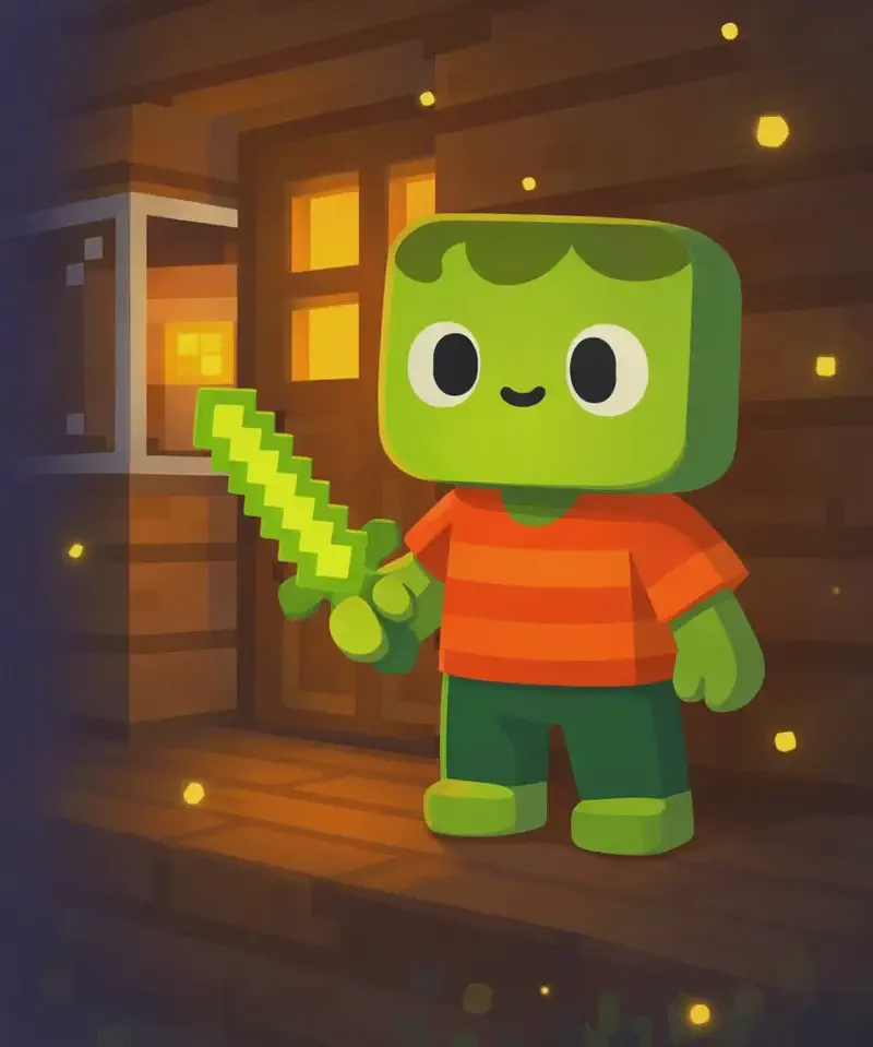 On the right side of the image, Zom stands guard outside a wooden door at nighttime, positioned with a determined, watchful stance as he peers toward the entrance. The scene is set on the porch or exterior of a wooden house with block-style Minecraft architecture, dimly lit with fireflies dancing and floating in the dark night air. A window with a warm glow is visible on the house wall, suggesting Jack is inside. The atmosphere is quiet and still.