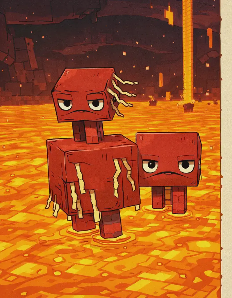 On the left side of the image, two Minecraft Striders stand in a vast lake of glowing orange-yellow lava in the Nether. The larger Strider is on the left with a smaller one beside it; both face toward the viewer with their characteristic flat, wide faces. The Nether environment stretches behind them with dark crimson and blackstone formations, lava falls, and floating embers against a dark cavernous sky. The right ~40% of the image is a plain beige panel reserved for text.
