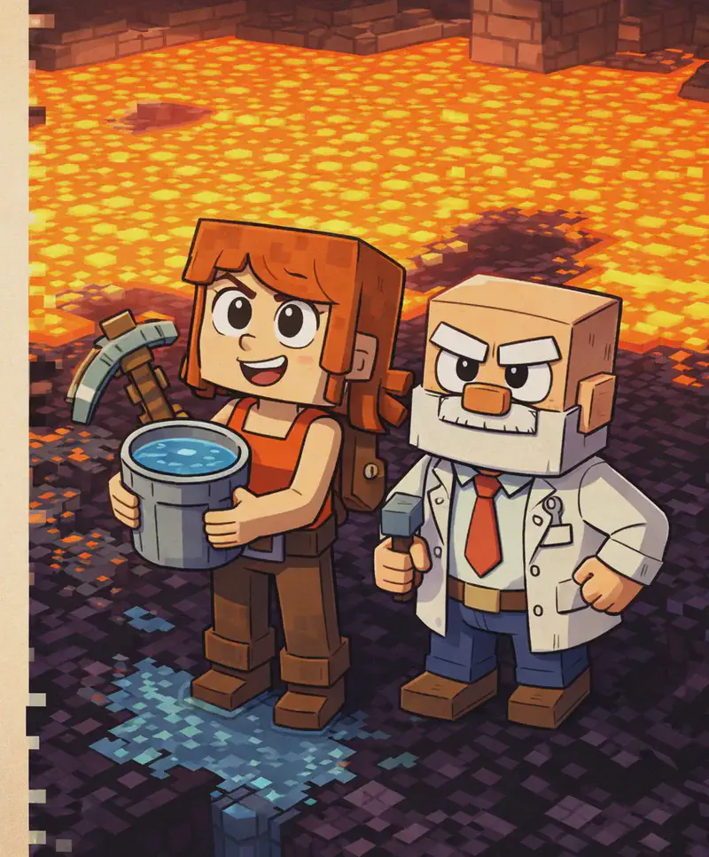 On the right side of the image, Jill and Dr. Can Do stand together on dark obsidian ground, viewed from a slightly elevated angle. Jill holds a water bucket with a grin, looking up proudly; she has shoulder-length auburn/copper-orange hair with a side-swept fringe, and wears her bright orange sleeveless top with a brown belt, dark brown pants, and brown boots, with her gray-and-brown pickaxe strapped to her back. Beside her, Dr. Can Do stands facing forward and nods approvingly; he has white bushy eyebrows and a thick white mustache, and wears his white lab coat over a white dress shirt with a red necktie, dark navy-blue pants, and dark brown shoes, holding his small gray hammer. Behind them, a large pool of bright orange-yellow lava glows intensely, with patches of dark obsidian forming where water has been poured onto the lava. The left side of the image is a plain beige/parchment background left clear for text. The scene has a warm, fiery glow from the lava illuminating the underground cavern setting.
