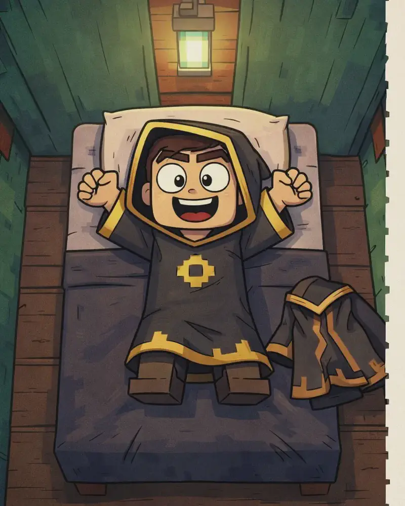 On the left side of the image, The Mage lies awake in bed at nighttime, viewed from above in a top-down perspective. He is lying on his back with arms spread out to the sides, eyes open wide with a big grin on his face, too excited to sleep. He has light/warm beige skin, narrow angular dark eyes, and dark hair visible against the pillow, with his dark charcoal-black hooded robe with gold/yellow trim folded nearby. The indoor bedroom scene has dark wooden plank flooring and green walls, dimly lit by a single glowing green lantern mounted on the wall above the bed. The right side of the image is a plain beige/parchment-colored area reserved for text.