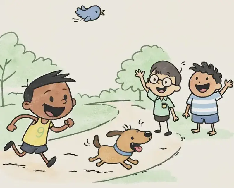 On the left side of the image, Jim is running forward with a big grin, arms pumping, on a dirt path through a sunny suburban park with lush green trees. Jim's pup runs eagerly ahead of him along the path, tongue out and excited. Further up the path, Jim's pal stands waving with one arm raised, smiling broadly, while Len stands next to him also waving and smiling. A small blue bird flies in the upper-left sky. The right ~40% of the image is plain light-green textured background, clear for text overlay.
