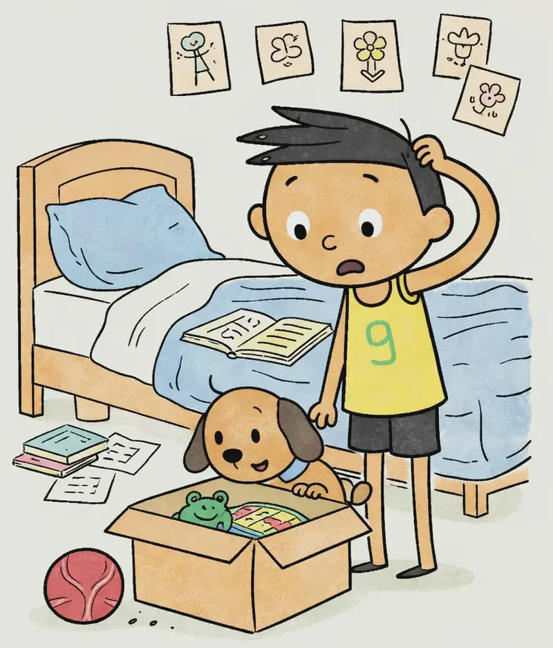 On the right side of the image, Jim stands in his bedroom beside his bed, scratching his head with one hand and looking down with a worried, uncertain expression at an open toy box on the floor in front of him. Jim's pup peeks out from behind the toy box with wide, curious eyes. The box contains a green toy frog figure and a tangled old board game, and on the floor nearby sits a red ball. The bed is messy with books and papers strewn across the blue bedspread, and child's drawings are pinned to the green wall behind Jim. The left ~40% of the image is plain light green background, clear for text overlay.