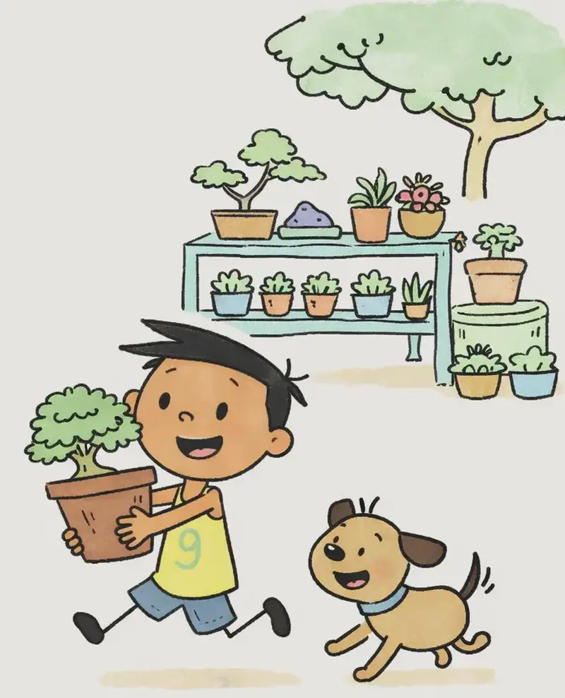 On the right side of the image, Jim is running with a determined, grinning expression, carrying a large potted plant in both hands. Jim's pup trots alongside him on the right, looking excited. Behind them is an outdoor garden setting with shelves of potted plants, trees, and greenery — a suburban garden area. The left ~40% of the image is plain light green background, clear for text overlay.