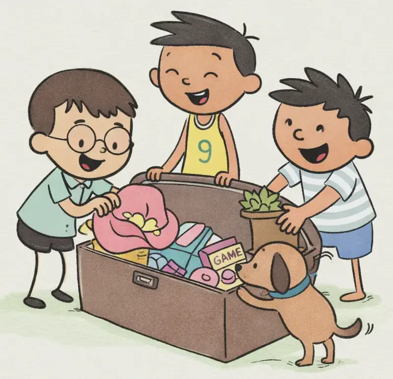 On the left side of the image, Jim, Len, and Jim's pal are gathered around an open trunk or storage box on the floor of a bedroom, placing items back inside. Len stands on one side of the trunk, pushing a pink floppy hat back into it. Jim's pal stands on the opposite side, placing a potted plant into the trunk. Jim stands behind the trunk near the bed, smiling with his eyes closed contentedly as the cleanup happens. Jim's pup stands on its hind legs at the edge of the trunk, sniffing or nosing at the items inside. Visible in the trunk are wool, books, a board game box, and other collected items. The right ~40% of the image is plain soft green background.