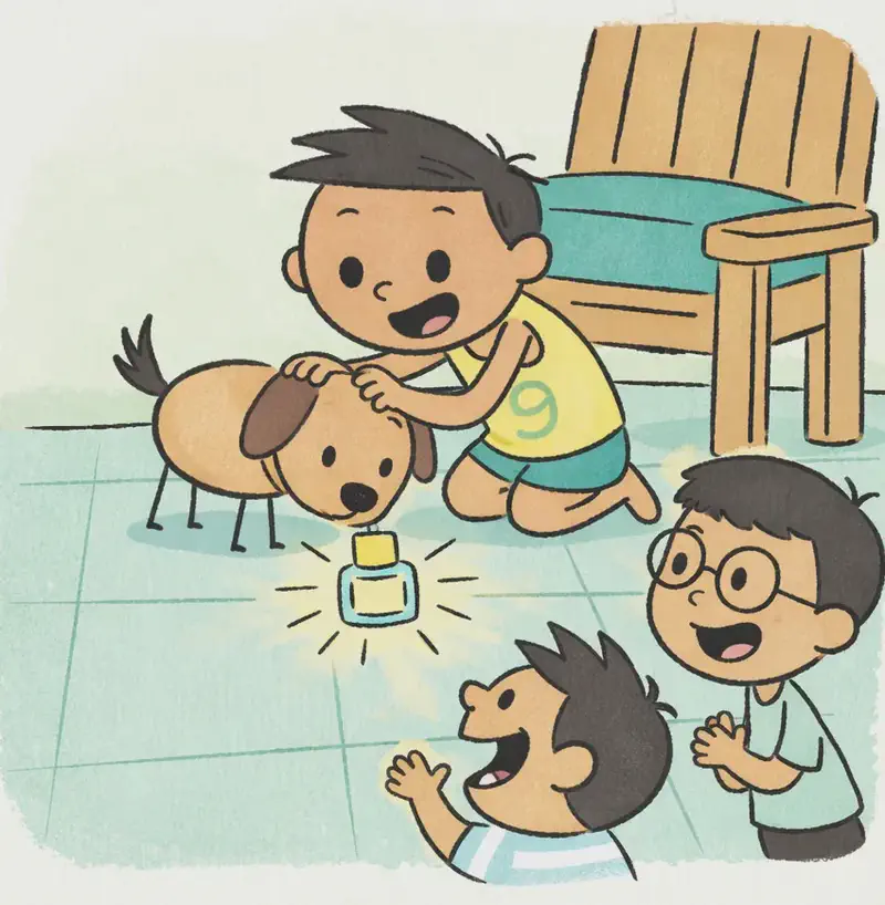 On the right side of the image, Jim's pup emerges from under a wooden chair, nose down near a glowing perfume bottle on the tiled floor, having just sniffed it out. Jim kneels excitedly behind the chair with a wide, joyful grin, reaching down to give his pup big scratches on its head. Len and Jim's pal stand in the foreground at the lower right, facing the scene and clapping and cheering with big smiles. The scene is set indoors on a light-tiled floor with a soft green wall in the background, with warm, cheerful lighting suggesting daytime. The left ~40% of the image is plain light green background.
