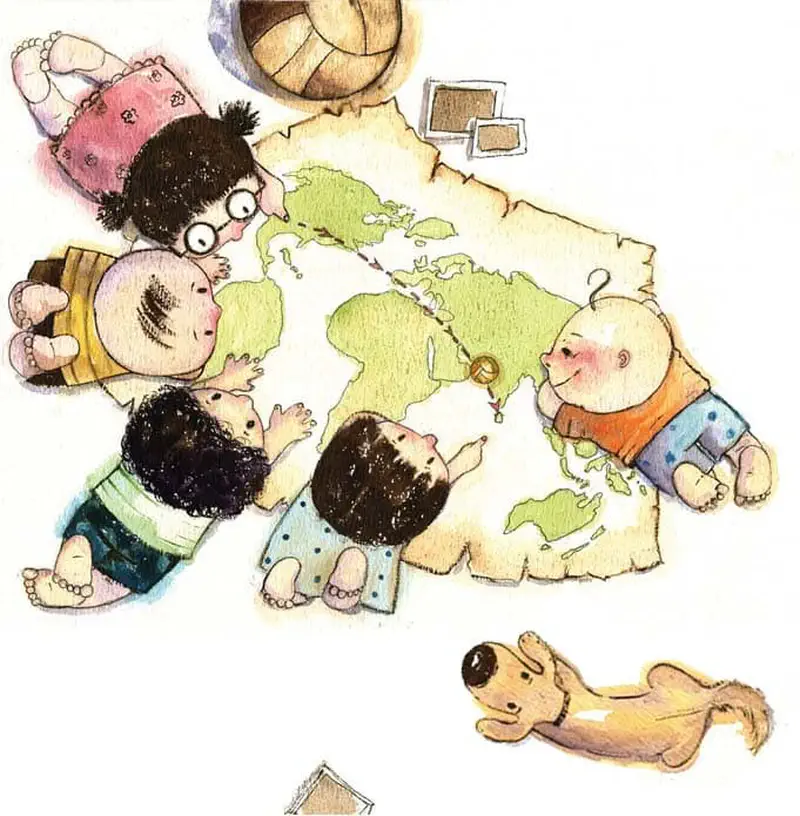 Four children and a dog lying on their stomachs looking at a world map, with a volleyball nearby and a dotted line across the map.