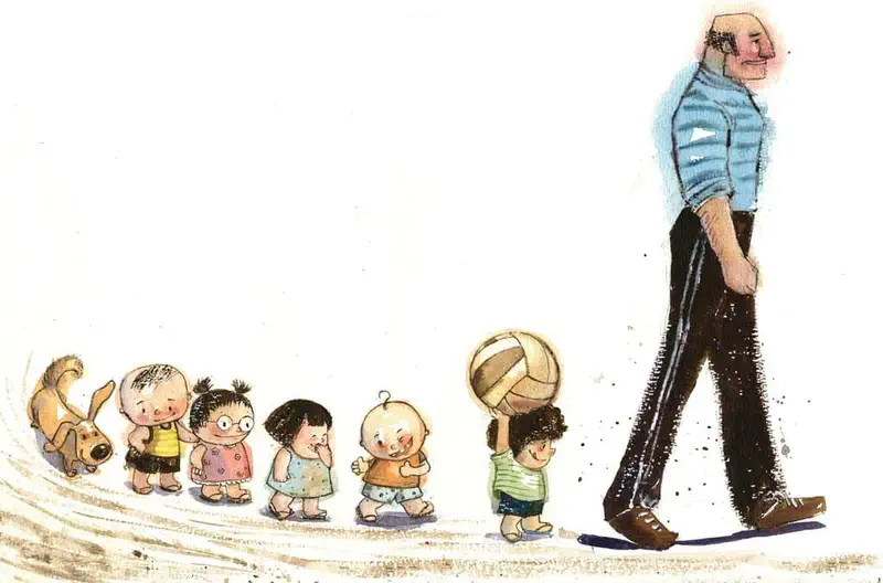 Grandfather in a striped shirt leads a parade of five children and a dog, with one child carrying a volleyball.