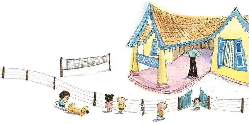 A traditional yellow house with blue trim where grandmother stands on the porch, while children and a dog gather by the fence near a volleyball net.