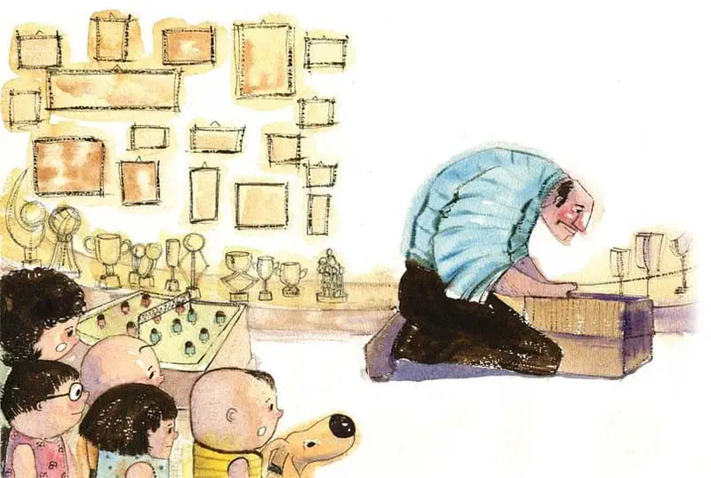 Grandfather kneels to open a box while children and a dog watch eagerly, surrounded by trophies, a game board, and framed photos on the wall.