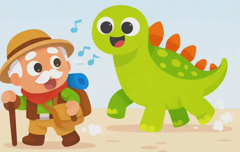 On the left side of the image, Kaa stands at a three-quarter angle, holding his wooden walking cane in one hand, with a wide-eyed surprised expression as he spins around to look behind him. On the right side, Dino, a large bright lime-green stegosaurus with bold orange triangular plates along his back and lighter green oval spots on his body, stomps toward Kaa, mouth open in a cheerful grin, looking happy and excited. The scene is set outdoors on a flat, sandy path under a pale blue sky with a few wispy clouds. Small dust clouds rise near Dino's feet from the thumping steps. Musical notes float in the air near Kaa, suggesting he was singing before being interrupted.