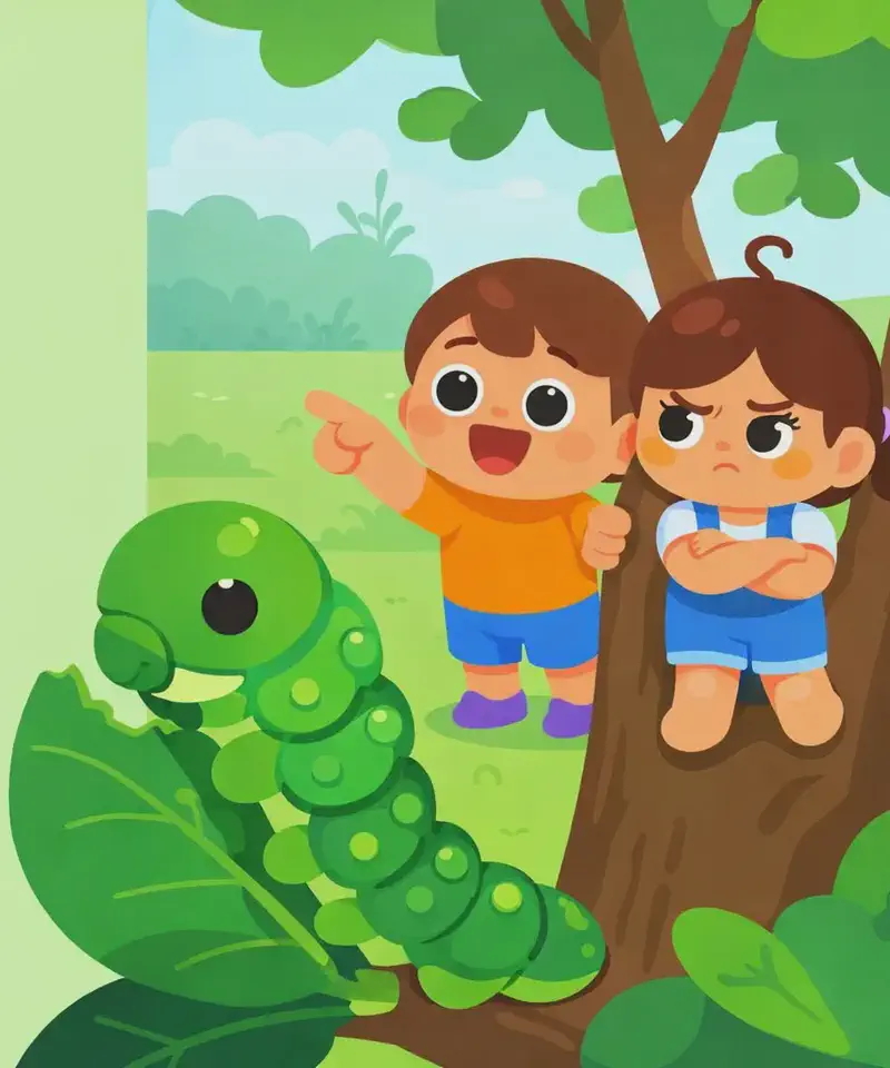 On the right side of the image, Kale stands excitedly pointing toward a large caterpillar, mouth open wide in a shouting expression, while gripping a tree trunk with one hand. Kina stands just behind Kale, looking skeptical with a slightly doubtful expression and her arms crossed. In the left-center foreground, a large green caterpillar clings to a dark leaf on a lower branch, shown in a dramatic close-up as it nibbles. The scene is set outdoors in a lush, green suburban yard with trees and grass under soft, overcast daylight.