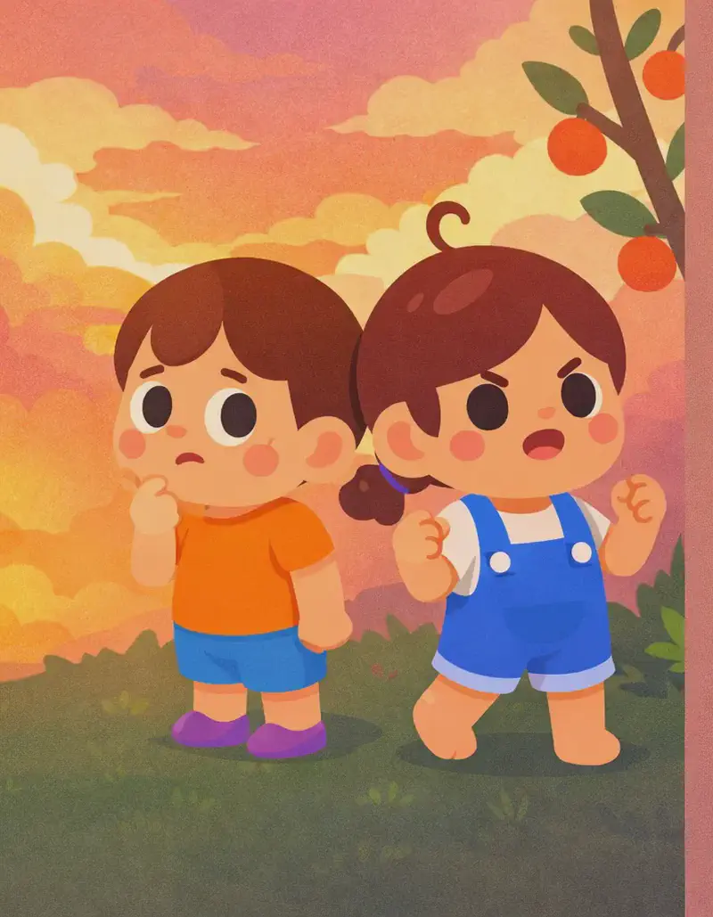 On the left side of the image, Kale and Kina stand back-to-back on a grassy area near a fruit tree, set against a dramatic sunset sky with warm orange and pink clouds suggesting dusk. Kale stands on the far left facing left with a worried expression, one hand raised near his chin. Kina stands just right of center facing right with a determined expression, both fists raised as if struck by an idea. The right ~40% of the image is a plain muted brown/mauve background suitable for text overlay.