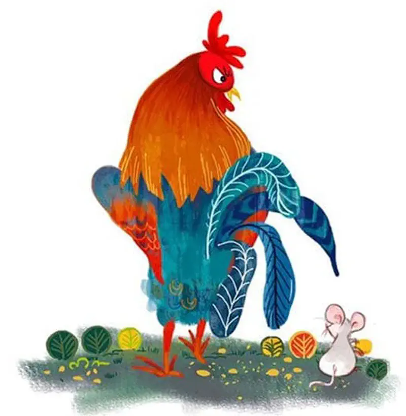 A colorful rooster with orange and blue feathers looks down at a small white mouse among grass and decorative leaves.