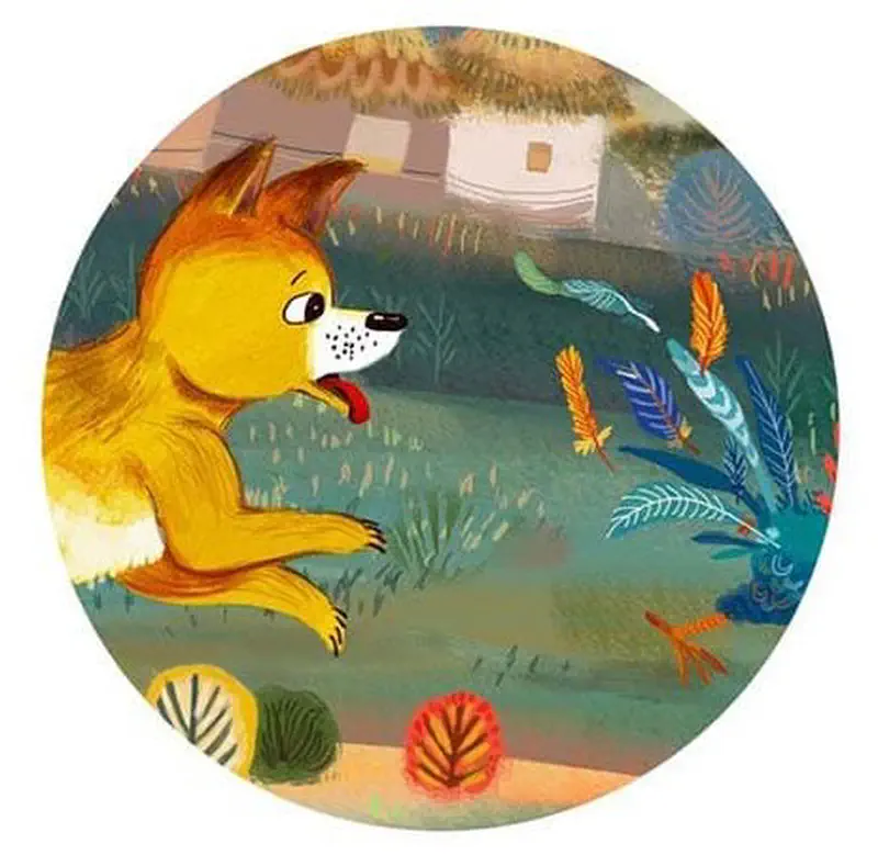 A fox chases colorful feathers through a grassy field with village huts in the background, shown in a circular frame.