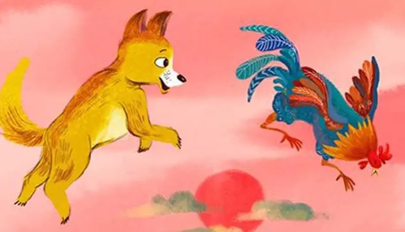 A fox leaps toward a rooster flying through a pink sky with a red sun setting in the background.