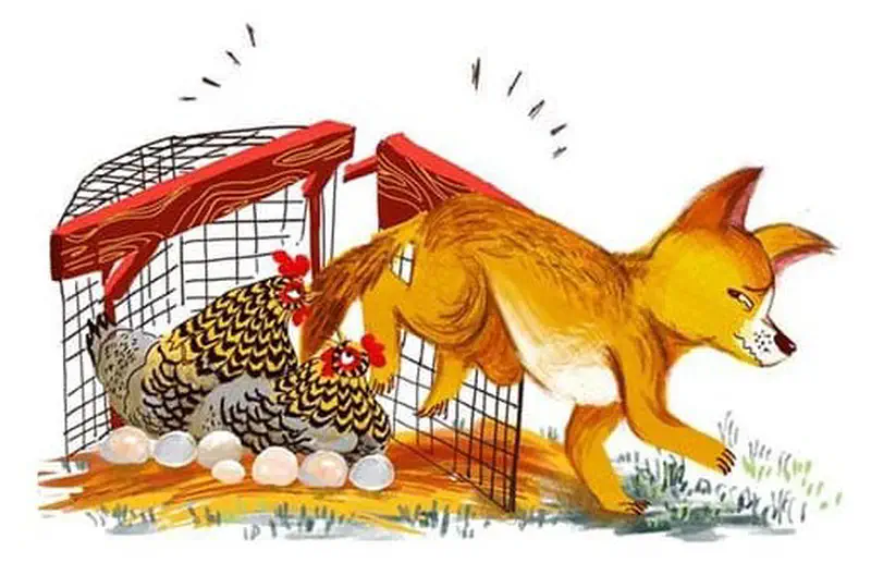 A fox lunges at a chicken coop where frightened hens huddle together protecting their eggs.