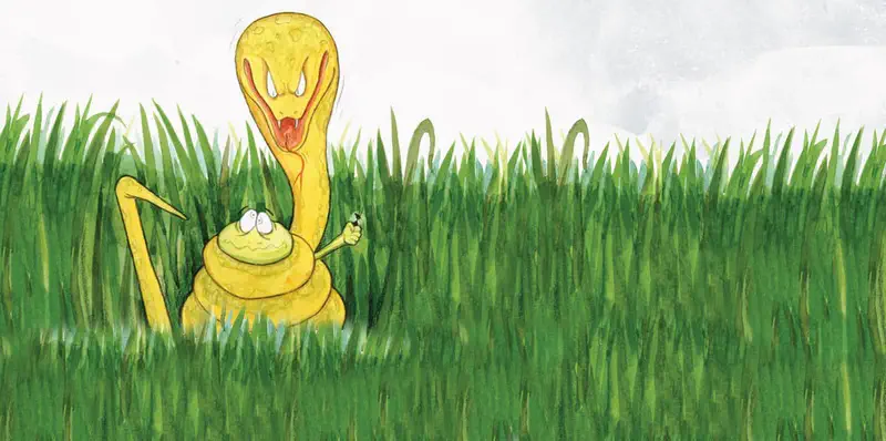 A large yellow cobra with angry expression towers over a scared frog wrapped in the snake's coils in tall grass.
