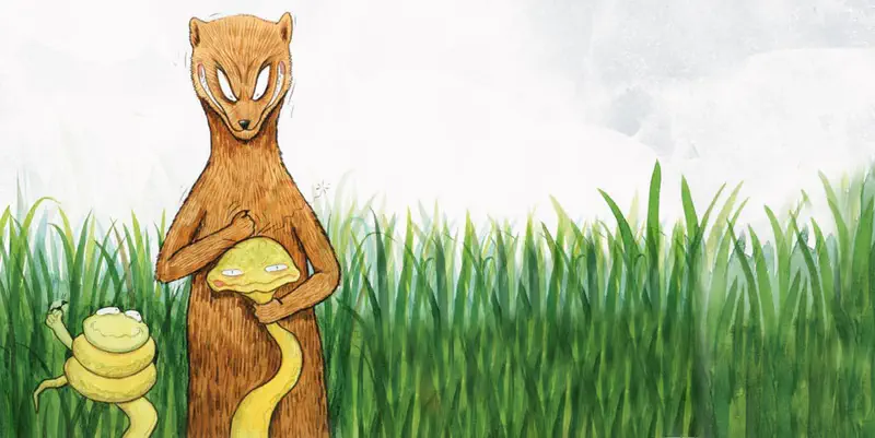 A brown mongoose stands with crossed arms and closed eyes beside a yellow snake and scared frog in green grass.