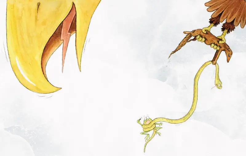 A large yellow cobra mouth opens wide on the left while an eagle carries a snake with a frog clinging to it through the sky.