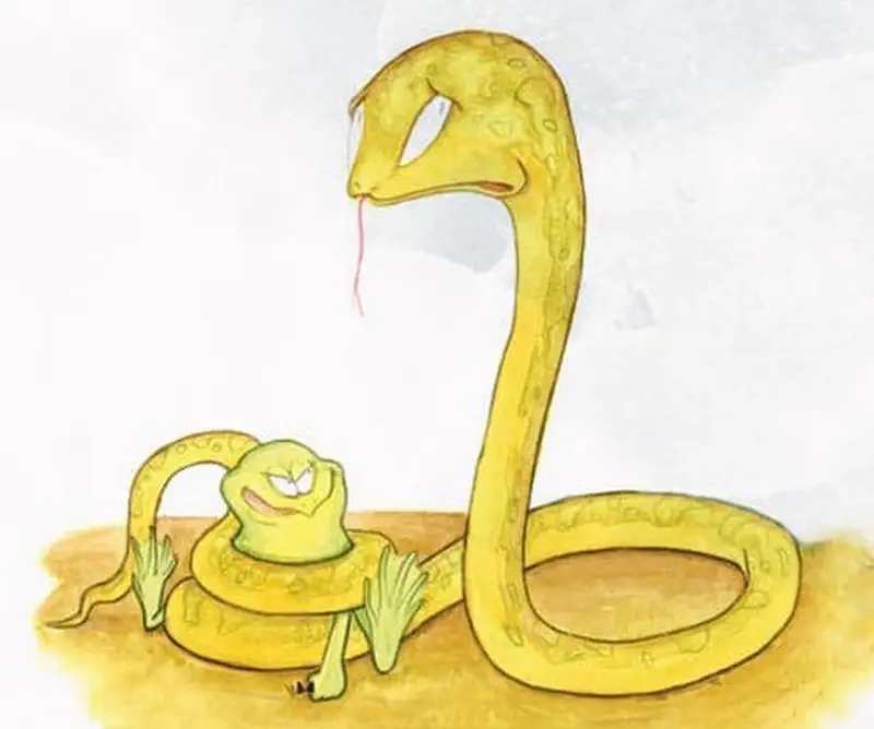A yellow snake with forked tongue looks down at a calm frog wrapped contentedly in its coils on sandy ground.