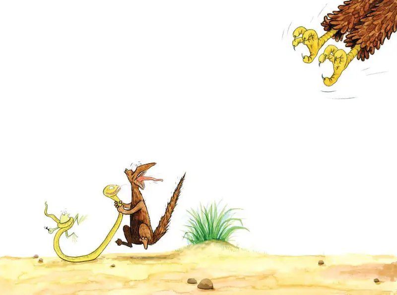 A mongoose holds a snake on sandy ground while looking up at eagle talons swooping down from the sky with a small frog watching.