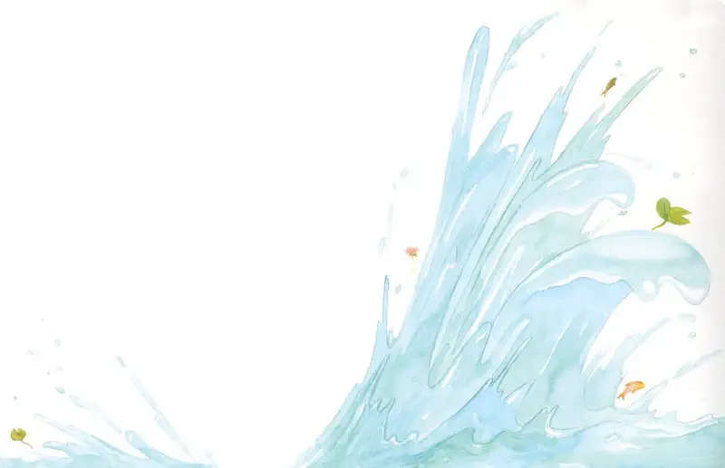 A large blue water splash with fish, a frog, leaves and lily pads caught in the wave.