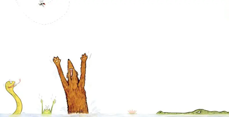 A mongoose raises its arms in water beside a happy snake and frog, while a crocodile watches and an ant buzzes overhead.