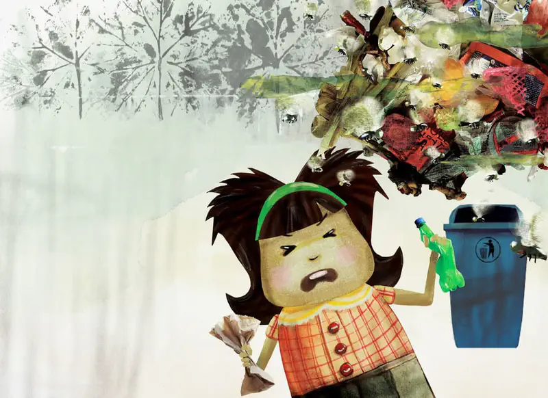 An upset girl with messy hair holds trash near an overflowing garbage bin with flies buzzing around a pile of litter above.