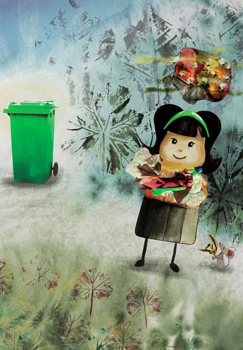 A smiling girl carries recyclables toward a green bin while a small mouse with a banana peel follows behind.
