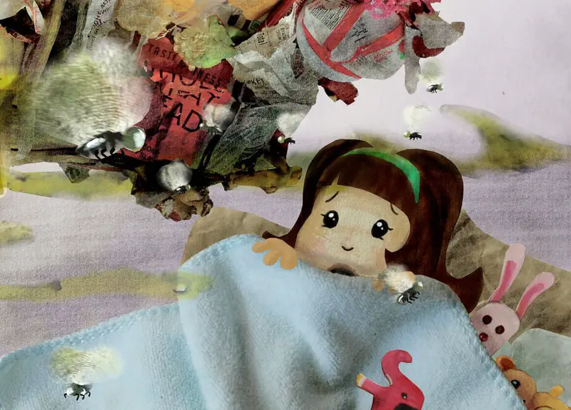 A girl peers from under a blue blanket as a pile of trash with flies looms overhead, with stuffed animals beside her.