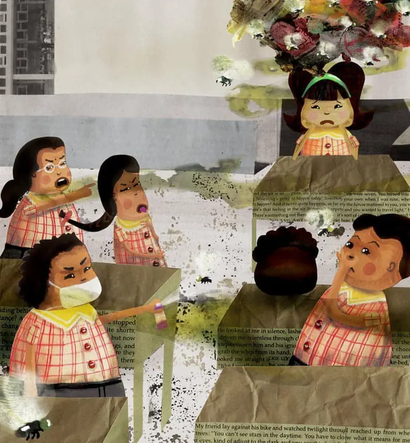 Classmates point and look uncomfortable at a sad girl surrounded by smelly trash and flies in a classroom setting.