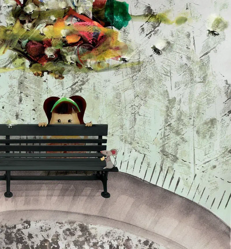 A girl hides behind a park bench with a mouse companion while garbage and flies float overhead near a curved pathway.