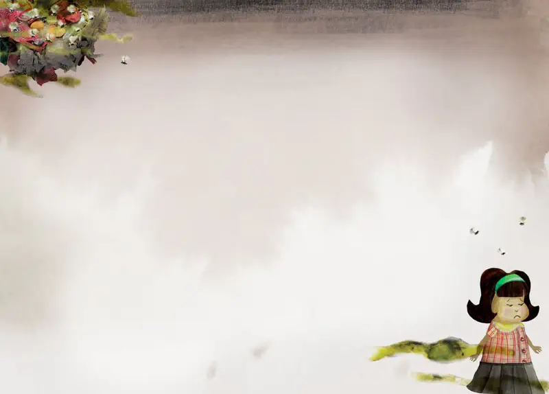 A sad girl stands alone in a grey misty landscape with garbage in the corner and flies scattered around her.