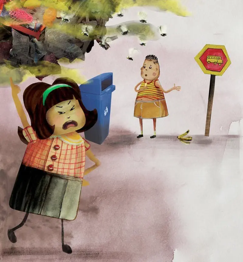 An angry girl with garbage and flies surrounding her confronts another child at a bus stop with a banana peel on the ground.