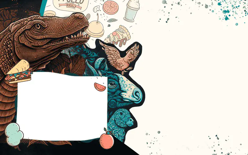 A detailed Komodo dragon with mouth open showing teeth. Images of prey animals like birds and pigs surround the hungry lizard.