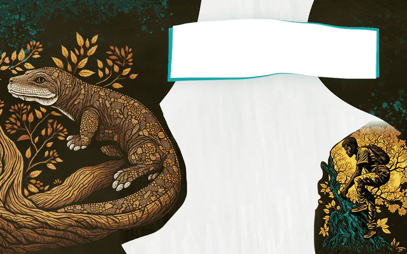 A Komodo dragon perches on a curved tree branch surrounded by golden leaves. A circular inset shows a monkey in foliage on the dark teal background.