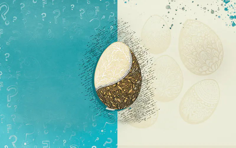 A decorated egg design split between teal and cream backgrounds. Question marks float on one side while faint egg outlines appear on the other.