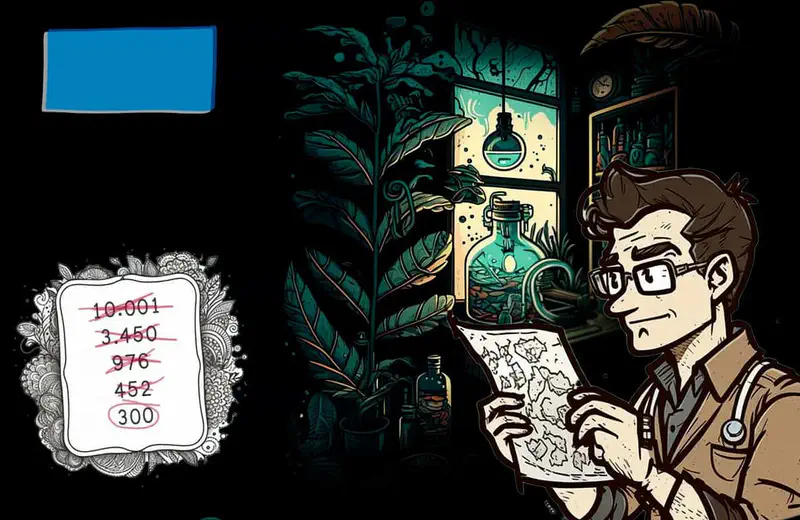 Scientist with glasses examining a map in a dark laboratory, with declining population numbers shown on a notecard.