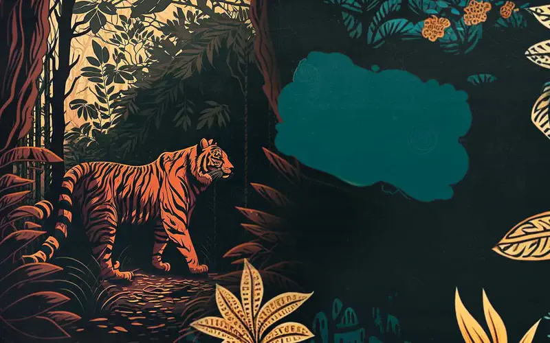 Orange Sumatran tiger walking through a dense jungle with golden light filtering through trees and decorative foliage.