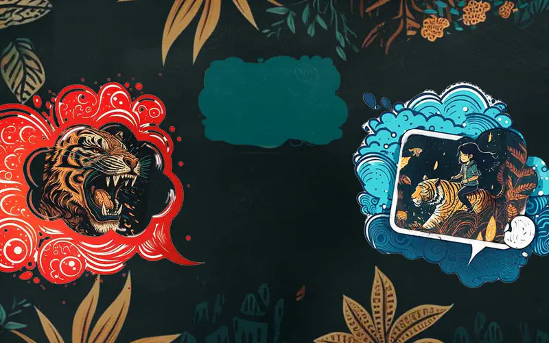 Roaring tiger head in red decorative frame on left, girl riding a tiger in blue cloud frame on right, dark jungle background.